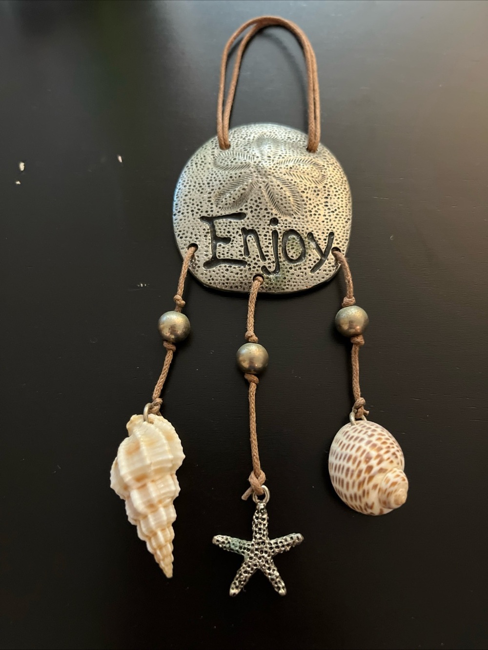 Retired Mud Pie Metal "Enjoy" Charm with Shells and Starfish - Brown and Silver